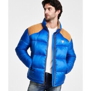 NWT $225 GUESS Men's Larry Fabric Block Puffer Jacket Suede Detail Blue Small